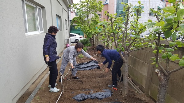 법당 옆 텃밭을 가꾸며(가운데가 박숙희 님)