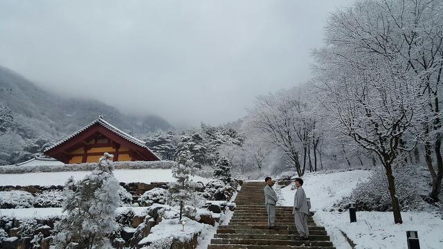  눈 쌓인 대웅전 가는 길