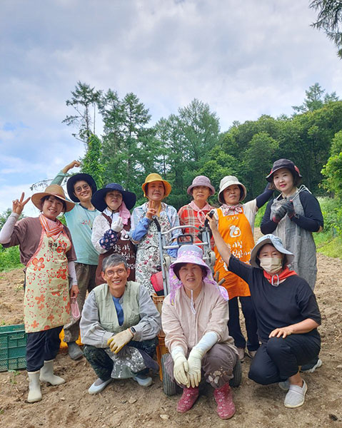 23.6.22 울산 포항 수성지회 도반과 두북수련원 감자캐기 봉사(앞줄 제일 오른쪽 이창희 님)