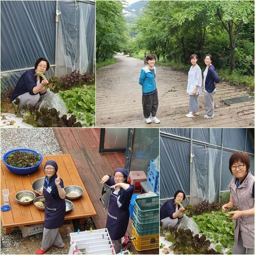 문경수련원에서 바라지 봉사중인 백서윤 님(위:맨 오른쪽/ 아래:오른쪽)