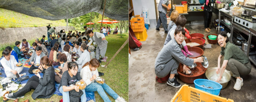 요사채 앞 마당에서 공양하는 도반들, 설거지하는 도반들