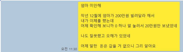  엄마에게 보낸 문자메시지 