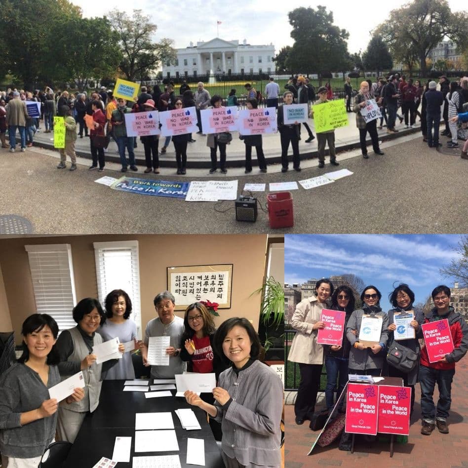 (위쪽부터 시계방향) 2017년 백악관 앞 평화시위, 2018년 10만인 백악관 청원운동, 상하원 의원들에게 편지보내기