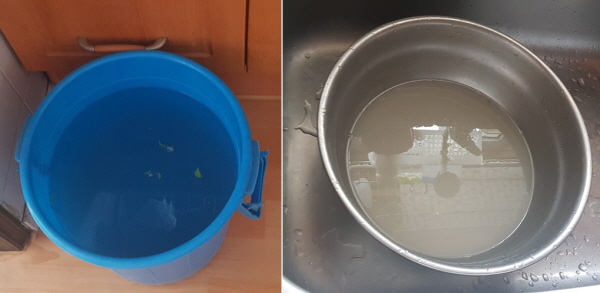 화장실 등에 재활용하는 물(왼쪽) / 설거지 등에 사용하는 쌀뜨물(오른쪽)
