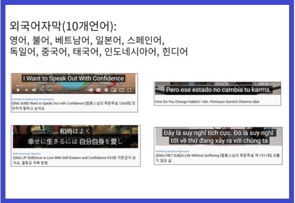 외국어 자막 법문 (왼쪽 위부터 시계방향으로 영어, 스페인어, 베트남어, 일본어)