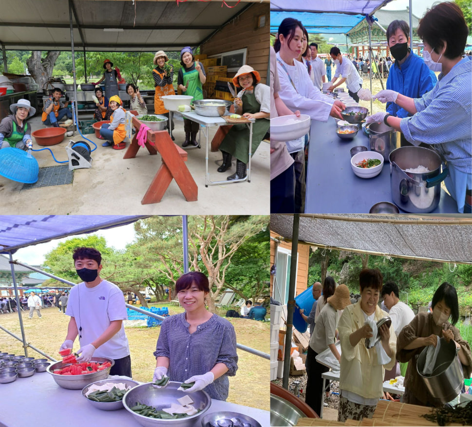 공양 준비와 배식, 뒤정리하는 도반들